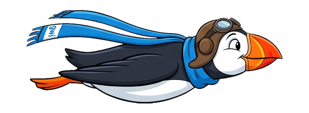 GWI puffin mascot in aviator goggles flying at top speed